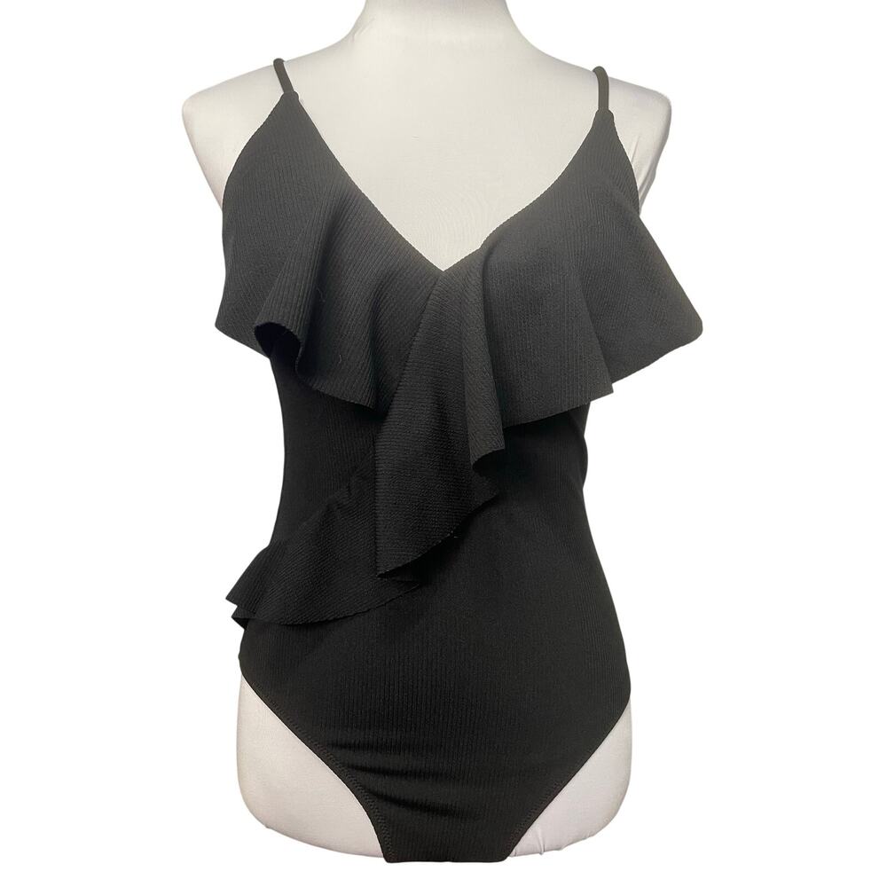 EUC  Black Ruffled Ribbed One Piece Swimsuit